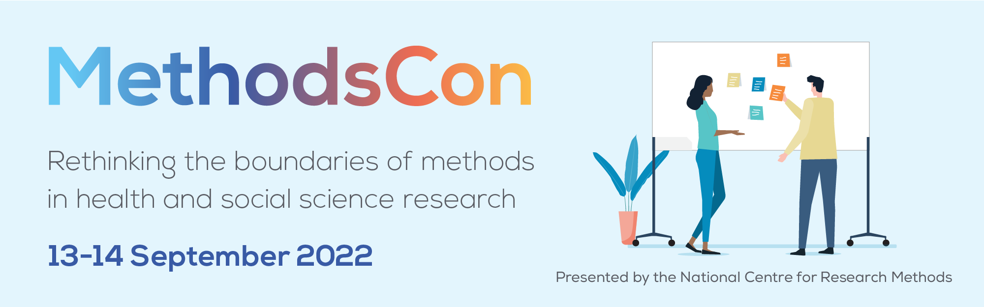 MethodsCon banner, showing the date of the event on 13-14 September 2022 and the theme, which is rethinking the boundaries of methods in health and social science research